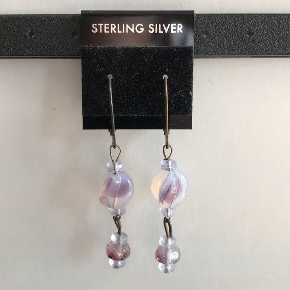 Vintage Handmade Purple Glass Beads Sterling Silver Lever Back Dangle Earrings - Picture 1 of 6